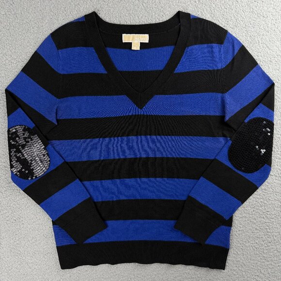 Michael Kors Sweater Womens Small S Blue Black Stripe V Neck Sequins Elbow Knit - Picture 1 of 10